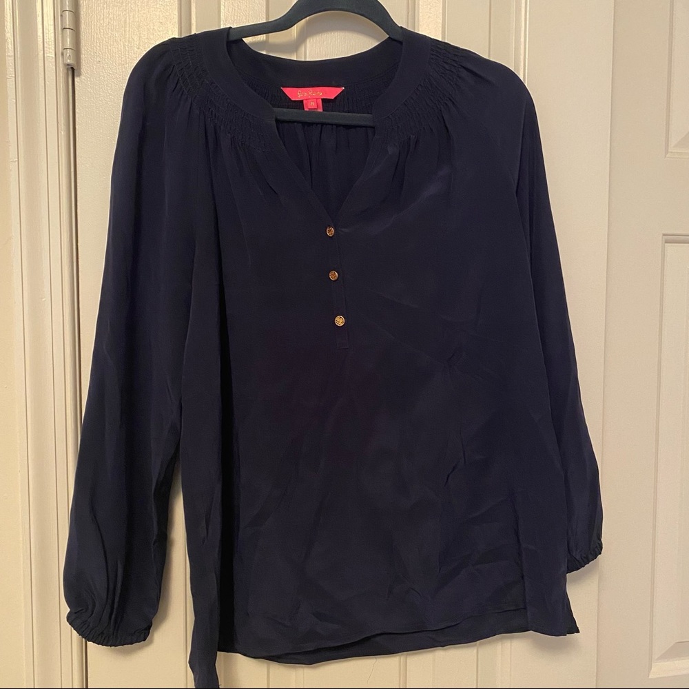 Lilly Pulitzer True Navy Blue Elsa Silk Top Blouse Long Sleeves